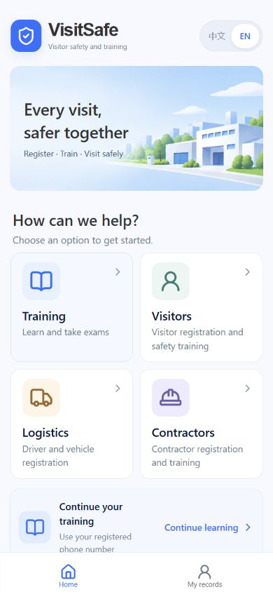 VisitSafe English mobile homepage with training, visitor, logistics and contractor entry points